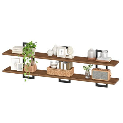 HOOBRO Floating Shelves, 15 Inch Wall Shelf Set of 3, Wall Mounted Storage Shelves 2-Tier, Hanging Bathroom Shelves, for Living Room, Bedroom, Bathroom, Kitchen, Walnut and Black BH32BJP301 - color: Walnut + Black