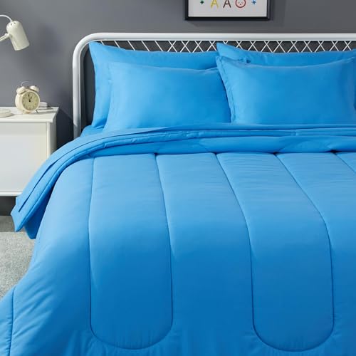 Amazon Basics 7-Piece Soft, Easy-Wash Microfiber Kid's Bed-in-a-Bag Bedding Set with Sheet and Comforter, Full/Queen, Blue, Soft Solid - color: Blue, size: Full/Queen