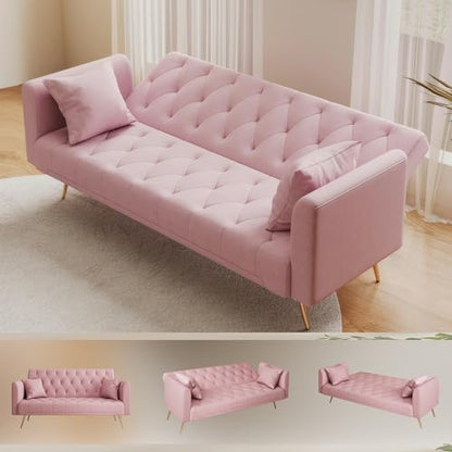Anwick 72''Modern Velvet Sofa Bed Futon,Convertible Folding Sleeper Couches with 3 Adjustable Backrests,Tufted Recliner Loveseat with Golden Chrome Legs for Living Room Apartment Office (Light Pink) - color: Light Pink