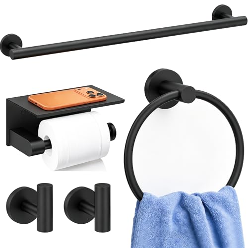 5 Pieces Bathroom Hardware Accessories Set Matte Black, 24Inch Round Towel Racks Set for Bathroom, SUS304 Stainless Steel Towel Bar Set, Toilet Paper Holder with Shelf Wall Mounted - color: Matte Black, size: 5 Pieces 24" A