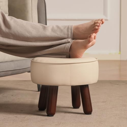 oakvivo 13in Small Foot Stool Ottoman,Round Faux Leather Footrest for Couch | Under Desk Pouf Footstool Foot Rest with Non-Skid Rubber Legs for Ling Room, Bedroom, 13''L x 13''W x 10.2''H, Beige - color: Beige