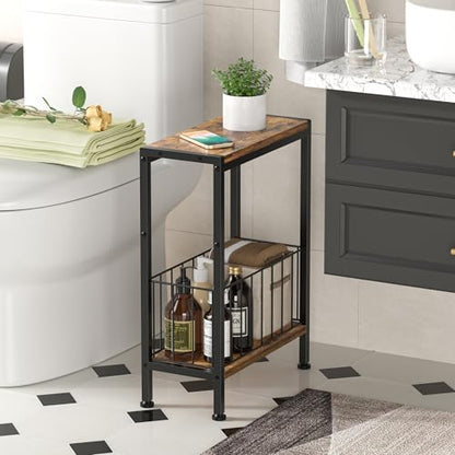 Narrow Side Table, Skinny End Tables with Magazine Holder, Small Sofa Table for Small Spaces, Space-Saving Design, Slim Nightstand Bedside Table for Living Room, Bedroom, Office, Rustic Brown - color: Rustic Brown