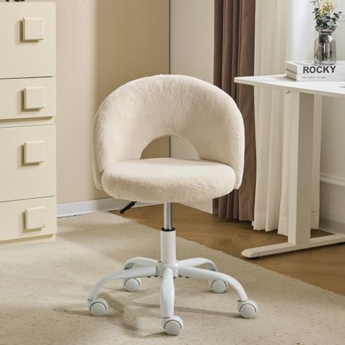 VINGLI Small Vanity Chair with Faux Fur Wheels for Girls,Cute Adjustable Height Armless Office Desk Chair,360°Swivel Comfy Rolling for Study,Make up Room,Small Space,Khaki - color: Furry Khaki