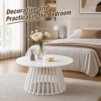 HNY White Round Coffee Table, Wood 31.5" Center Table for Living Room | Modern Mid Century Circle Coffee Table with Fluted Base for Outdoor Patio, Home Small Space, Bedroom, Apartment, Studio - color: White