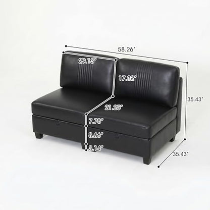 Modern 2 Seaters Modular Sofa with Storage & Sleeper Function, Comfy PU Loveseat Couches for Small Spaces - color: Black