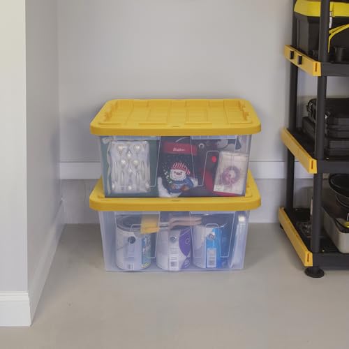 CX 27-Gallon Heavy Duty Clear Stackable Storage Bins with Lids, 4 Pack | Clear plastic totes for garage organization, Stackable, weather-resistant, snap lids, 14.3H x 20.6W x 30.6D, Clear/Yellow - size: 4 Pack, style: Clear & Yellow