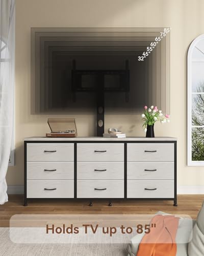 TV Stand with Mount for 32/55/65/75/85 inch TVs, Entertainment Center with 9 Fabric Drawers Dresser Storage, Height Adjustable Media Console - color: Greige