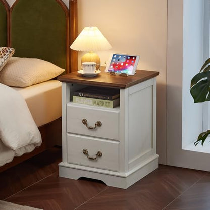 Farmhouse Night Stand with Charging Station, White | 2 Drawers End Tables Bedroom, Bedside Table with Rustic Handles & Floor-Standing Thickened Foot & Open Shelf - color: White, size: 18"D x 18"W x 24"H (2 Drawers)