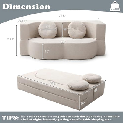 76" Convertible Folding Futon Sofa Bed, Queen Sleeper Sofa with Pillow, Teddy Floor & Futon Loveseat Couch, Foam Folding Mattress Sleeper for Living Room, Guest Use, Apartment, No Assembly (Beige) - color: Beige