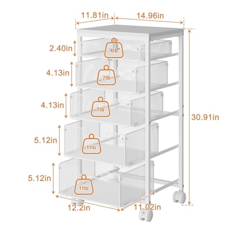 Kitchen Storage Cart with Wheels, 5-Tier Fruit Vegetable Storage Cart, Kitchen Organizer and Storage Cart with Drawers, Wooden Top Metal Wire Pantry Storage Cart for Fruit Snack Onion Potato, White - size: 5-Tier White