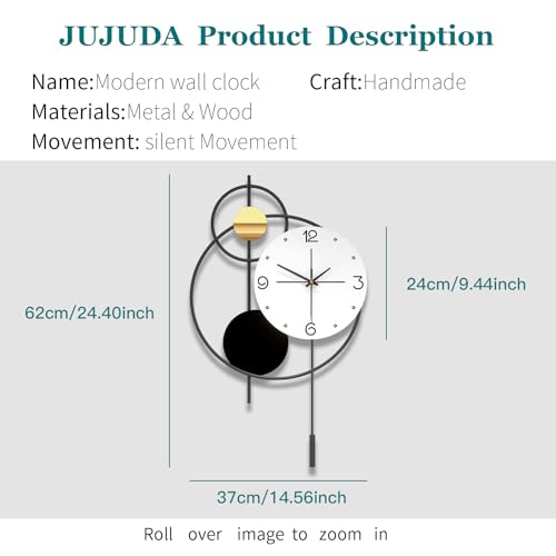 Large Modern Wall Clock for Living Room Decor 24 Inch Big Decorative Black Metal Wall Clock with Pendulum for Home Bedroom Kitchen Office Battery Operated Non Ticking Decoration Clocks Wall - style: Contemporary