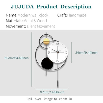 Large Modern Wall Clock for Living Room Decor 24 Inch Big Decorative Black Metal Wall Clock with Pendulum for Home Bedroom Kitchen Office Battery Operated Non Ticking Decoration Clocks Wall - style: Contemporary