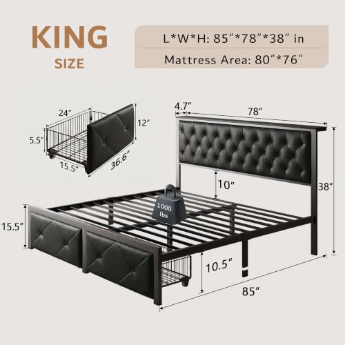 iPormis King Bed Frame with 2 Storage Drawers, Linen Upholstered Headboard Platform Bed with Charging Station, No Box Spring Needed, Metal Slats Support, Noise-Free, Easy Assembly, Black - color: Black, size: King