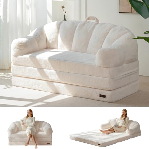 MAXYOYO Folding Sofa Bed, 2 in 1 Convertible Sofa to Lounger | Comfy Loveseat Bean Bag Chair for Adults, Floor Couch with Handle, Faux Fur Couch Bed for Living Room Bedroom, Beige - color: Beige, size: Loveseat