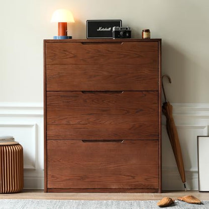 Fully-Assembled Oak Shoe Cabinet with 3 Flip Drawers, Solid Wood Shoe Storage Cabinet, Narrow Shoe Organizer for Entryway, 7.9" x 33.5" x 45.7", Oak Wood, Natural (Walnut) - color: Walnut
