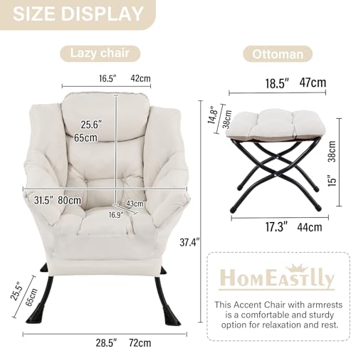 Lazy Chair with Ottoman, Soft Comfy Chair for Bedroom, Beige | Reading Accent Lounge Chair with folding Foot Stool for Living Room Dorm Apartment, sturdy metal frame - color: Beige
