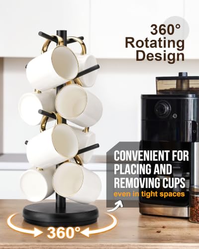 Lorbro Coffee Mug Tree, 360° Rotating Wooden Mug Holder with 8 Hooks | Large Mug Friendly, Space-Saving Display, Stable Wooden Base, Easy Assembly, Coffee Bar, Kitchen Counter, Gift Ready - size: Rotatable