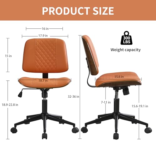 VipDesk Armless Orange Home Office Chair – Mid-Back PU Leather, Adjustable Height Desk Chair with Swivel Wheels, Walnut Frame for Small Space Study or Bedroom - color: Orange, size: MCM Style