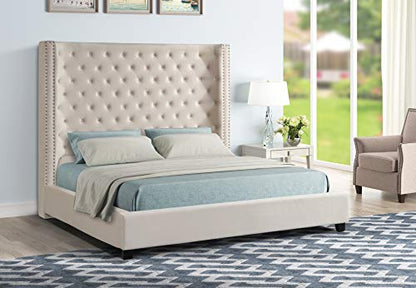 Jaclyn Upholstered Low-Profile Platform Bed Frame, Beige - Queen | Velvet Fabric, 70" Tall Straight Edge Headboard, Button Tufting, Nailhead Trim, Transitional Style - color: Beige, size: Queen (U.S. Standard)