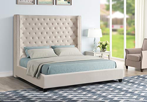 Jaclyn Upholstered Low-Profile Platform Bed Frame, Beige - King | Velvet Fabric, 70" Tall Straight Edge Headboard, Button Tufting, Nailhead Trim, Transitional Style - color: Beige, size: King (U.S. Standard)