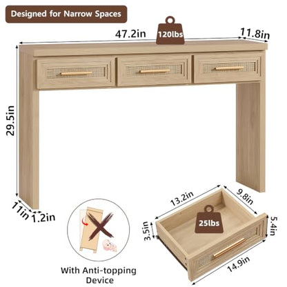 RWYHG 47" Entryway Table with 3 Drawers, Boho Rattan Console Table, Natural | Layered Drawer Front Design , Open Bottom Storage, Farmhouse Behind Couch Table, Entry Table for Living Room Hallway& Foyer - color: Rattan