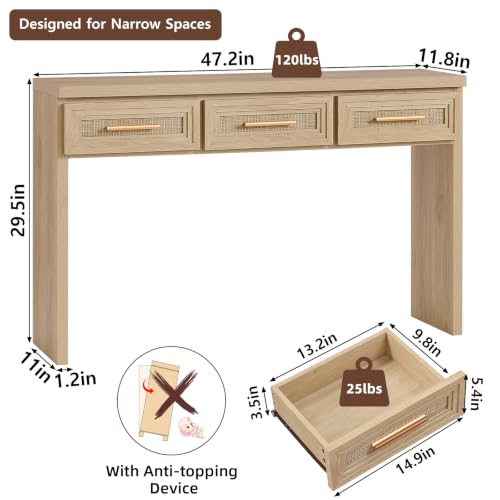 RWYHG 47" Entryway Table with 3 Drawers, Boho Rattan Console Table, Natural | Layered Drawer Front Design , Open Bottom Storage, Farmhouse Behind Couch Table, Entry Table for Living Room Hallway& Foyer - color: Rattan