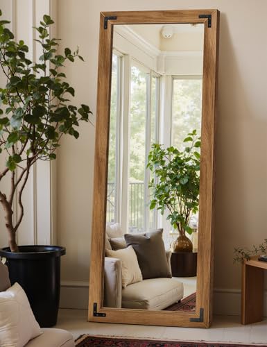 Wood Framed Full Length Mirror for Wall, 65"X24" Floor Standing Body Mirror | Solid Wood Frame, HD Shatterproof Glass, Hanging or Leaning Mirror for Bedroom, Living Room, & Entryway - size: 65"L x 24"W