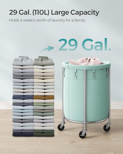 SONGMICS 29-Gallon (110 L) Laundry Basket with Wheels, Rolling Round Heavy-Duty Laundry Hamper Cart with Steel Frame and Removable Bag, 2 Locking Wheels, Mint Green and Metallic Silver URLS002C01 - color: Mint Green + Metallic Silver, size: 110 L (1-Secti