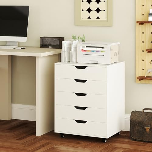 MAT EXPERT 5-Drawer Dresser, Mobile File Cabinet on Wheels, Wood Rolling Storage Drawers Under Desk, Chest of Drawers Home Room Organizer Furniture, Storage Cabinet for Study Office (White) - color: White