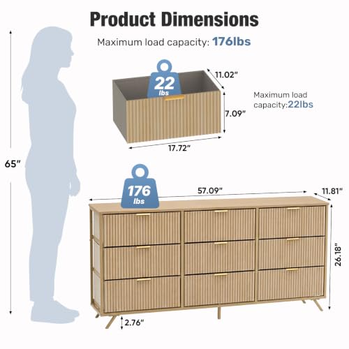 DUMOS Fabric Fluted Dresser, Modern Chest of 9 Fabric Drawers for Bedroom, Large Dressers with Metal Frame & Wooden Top, Storage Organizer Closet for Living Room, Entryway, Natural Oak