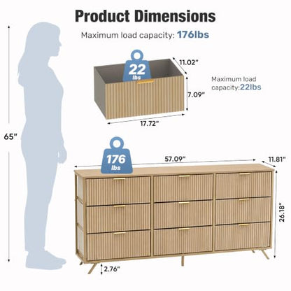 DUMOS Fabric Fluted Dresser, Modern Chest of 9 Fabric Drawers for Bedroom, Large Dressers with Metal Frame & Wooden Top, Storage Organizer Closet for Living Room, Entryway, Natural Oak