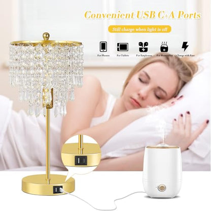 Crystal Table Lamp with USB C+A Ports, 3-Way Dimmable Touch Lamp, Gold Lamp | Bedside Lamp with Crystal Shade, Nightstand Lamp for Bedroom, Teens Room, Living Room, Dresser, B11 LED Bulb Included - color: Gold