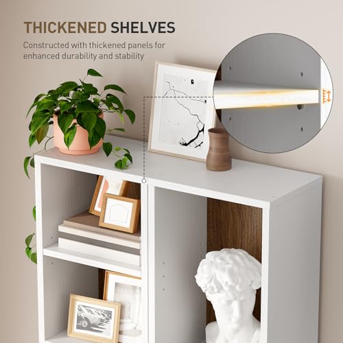 7-Tier Tall Narrow Bookshelf with Door, 70.9 Inches CD DVD Slim Media Tower Rack with Storage Cabinet, Adjustable Shelves, Skinny Bookshelf Display Bookcase for Home Office, White and Walnut - color: White + Walnut