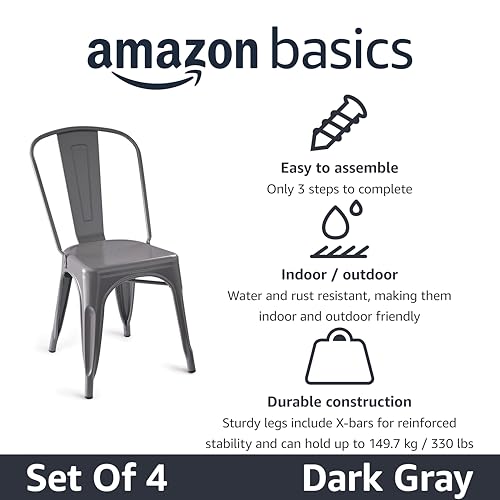 Amazon Basics Metal Dining Chairs, Easy to Assemble, Indoor/Outdoor, Stackable, 330-Pound Capacity, Dark Gray, 4-Pack, 20.1 x 17.1 x 33.5 inches - color: Dark Grey