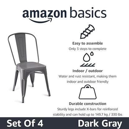 Amazon Basics Metal Dining Chairs, Easy to Assemble, Indoor/Outdoor, Stackable, 330-Pound Capacity, Dark Gray, 4-Pack, 20.1 x 17.1 x 33.5 inches - color: Dark Grey