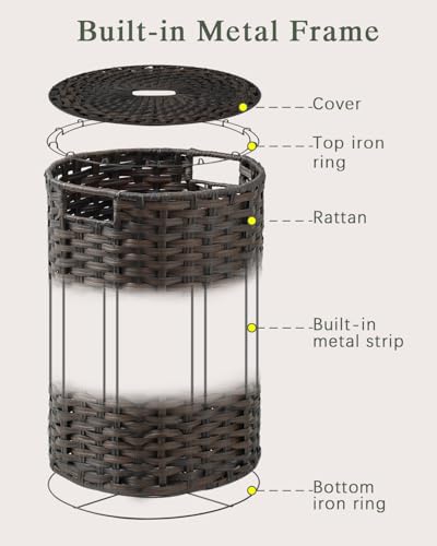 SETVSON Laundry Basket with Lid Round Rattan PE Laundry Hamper, Brown | 110L Large Woven Basket with Lid, Removable Washable Liner Bag, 2 Mesh Laundry Bags, Side Handles for Easy Carrying - color: Brown, size: 110 L