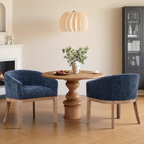 Modern Upholstered Barrel Dining Chair Set of 2, Natural Hardwood Frame, Farmhouse Linen Chairs for Dining Room, Kitchen, Office (Blue) - color: Blue, size: Set of 2