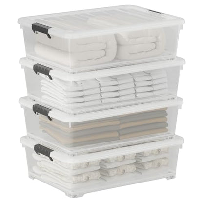20 Quart Under Bed Storage Containers with Wheels – Clear Plastic Storage Bins with Lids, 4-Pack, Easy-Glide Wheeled Organizer for Closet, Dorm & Seasonal Items
