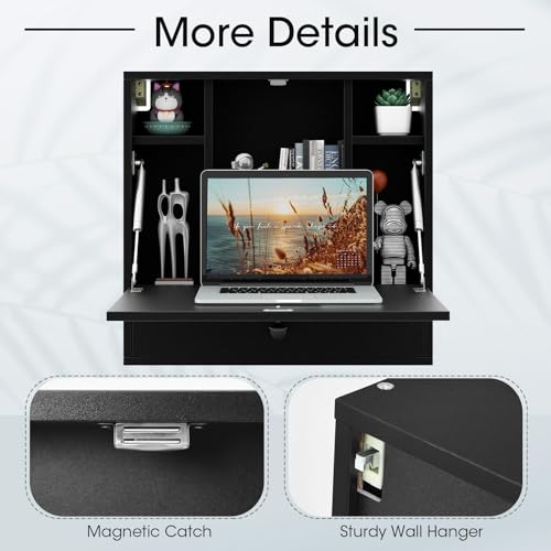 Tangkula Folding Wall Table, Floating Desk with Storage Drawer & Shelves, Space Saving Wall Mounted Table, Black - color: Black