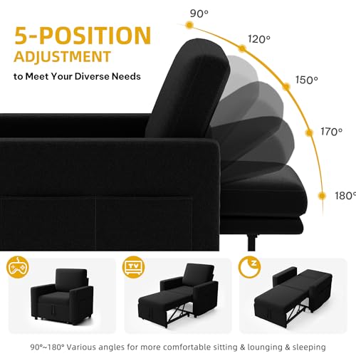 YITAHOME Convertible Sofa Chair Bed | 3-in-1 Sleeper Sofa with Pull-Out Bed, Linen Fabric Single Sleeper Chair with Reclining Backrest and Wide Armrest, Modern - color: Black, size: 74.8 x 35.8in