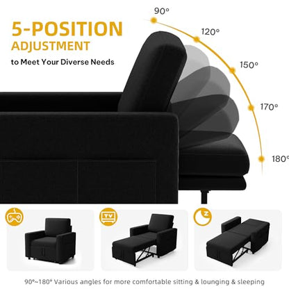 YITAHOME Convertible Sofa Chair Bed | 3-in-1 Sleeper Sofa with Pull-Out Bed, Linen Fabric Single Sleeper Chair with Reclining Backrest and Wide Armrest, Modern - color: Black, size: 74.8 x 35.8in