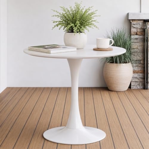 31.5" Small Round Dining Table for 2 4, [Sturdy Metal Tulip Base] White Modern Circle Kitchen Table, Space Saving, for Dining Room Apartment Office - color: White With White Base, size: 31.5"