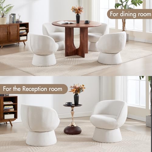 360° Swivel Accent Chair with Curved Back, Modern White Chenille Upholstered Round Barrel Chair, Bucket Armchair for Small Space,Living Room, Bedroom - color: White 02, size: 1 Chair