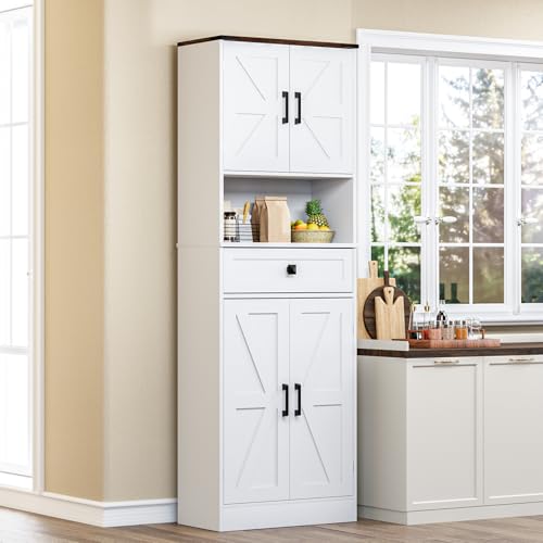 Farmhouse Kitchen Pantry Cabinet, 67" Tall Kitchen Storage Cabinet, Kitchen Hutch with Microwave Stand & Barn Doors and Drawers for Dining Room, Living Room, Study - color: White, style: Farmhouse