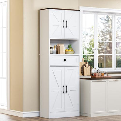 Farmhouse Kitchen Pantry Cabinet, 67" Tall Kitchen Storage Cabinet, Kitchen Hutch with Microwave Stand & Barn Doors and Drawers for Dining Room, Living Room, Study - color: White, style: Farmhouse