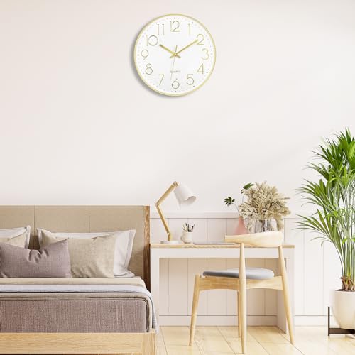 Foxtop Large 14" Wall Clock Silent Battery Operated Analog Clock, Gold | Non-Ticking, Round, Quartz, Easy to Read, Living Room, Bedroom, Kitchen, Office - color: Gold, size: 14 Inch Quartz