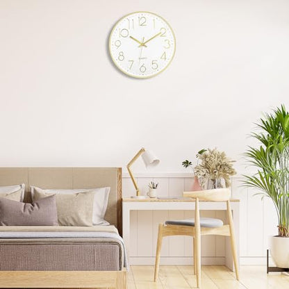 Foxtop Large 14" Wall Clock Silent Battery Operated Analog Clock, Gold | Non-Ticking, Round, Quartz, Easy to Read, Living Room, Bedroom, Kitchen, Office - color: Gold, size: 14 Inch Quartz