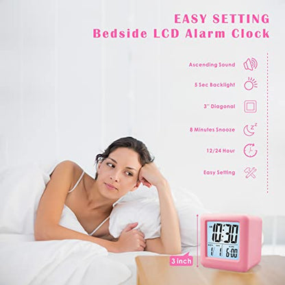 Plumeet Digital Alarm Clock Kids Clock with Snooze and White Nightlight - Easy Setting Travel Alarm Clocks Display Time, Date, Alarm - Ascending Sound - Battery Powered (Baby Pink) - color: Baby Pink