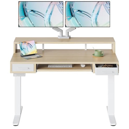 HUANUO 48″ x 26″ Electric Standing Desk with 2 Drawers &24.4″ Large Keyboard Tray, C-Clamp Mount Compatible, Adjustable Computer Desk for Office, Sit Stand Up Desk with 4 Height Presets, Light Walnut - color: Light Walnut, size: 48*26 inch