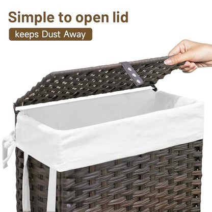 70L Slim Laundry Hamper with Lid & Wheels, 2-Park Rolling Laundry Basket with 4 Removable Liner Bags & 3 Mesh Bags, Narrow Dirty Clothes Basket, Foldable Handwoven Rattan Laundry Sorter, Brown